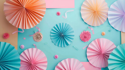 Seamless pattern with colorful paper fans. Paper fans background,orange, pink and blue paper fans on the wall,Handmade Paper Flower Colorful Background Origami Decor


