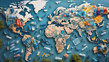 world map and  plastic trash (ocean pollution)