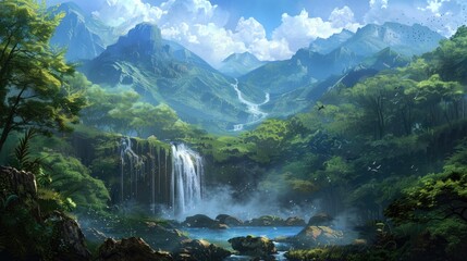 Fototapeta premium Scenic Images of Natural Landscapes Including Waterfalls and Mountains