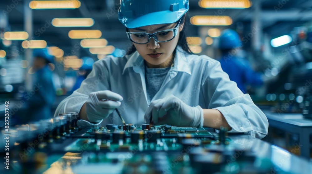 Poster a woman in a lab coat is working on a computer chip