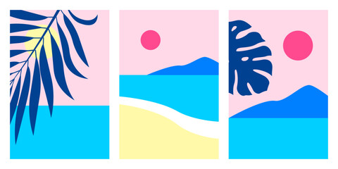Summer nature landscape poster. Set of isolated cards with sea view, sunny beach, mountains and tropical leaves. Vector illustration in minimalist flat style