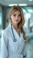 Fototapeta premium Girl doctor in a white coat with a stethoscope on her neck in a medical office