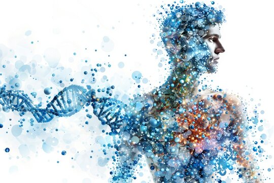 Man dissolving into a vibrant DNA sequence, a powerful illustration of genetic influence and human evolution