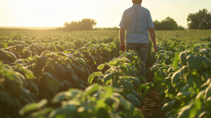 Fototapeta premium A man is seen from behind standing in a farm field with sun setting in the background, evoking a sense of agriculture