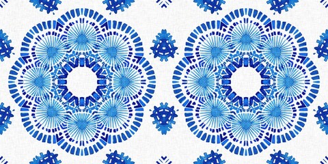 Indigo blue tie-dye handmade textile seamless border. Asian style abstract blotched dyed effect tape.