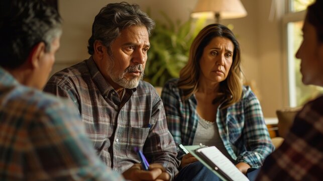 A family therapist taking notes during a session with a troubled couple