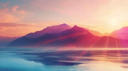 Fototapeta premium Serene mountain landscape at sunrise with vibrant colors reflecting on the tranquil water, creating a peaceful and breathtaking scene.