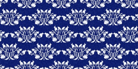 Indigo denim blue leaf motif seamless border. Japanese dye batik fabric style effect print banner swatch. 