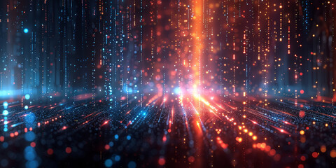 Fototapeta premium A digital animation of an array of glowing data lines, fast network connection.Colorful vertical light patterns in a digital cityscape with vibrant neon hues creating a futuristic and dynamic atmosph