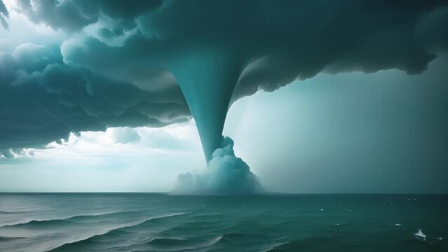A perfect storm brewing over the sea with a spectacular waterspout as its focal point.