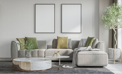 mock up poster frame in modern interior background, living room. 3D render, 3D illustration