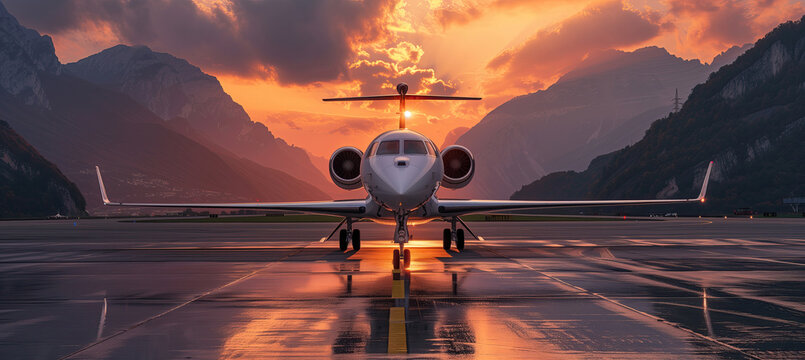 Modern business jet standing on a parking position during sunrise.