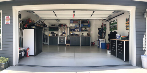 A residential garage shown with its wide door open revealing well-organized contents