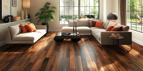 Fototapeta premium An elegantly furnished contemporary living room with abundant natural light coming in through large windows