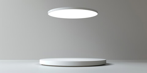 White circular stage with ceiling light on white wall  background, Minimalist circular stage with ambient lighting creating a sleek and modern presentation environment.empty white stage room
