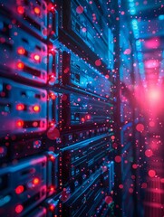 Fototapeta premium A data center full of servers. The red lights indicate high activity.