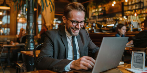 Obraz premium A joyful individual sits at a cafe table, using a laptop and looking at a phone screen while working.