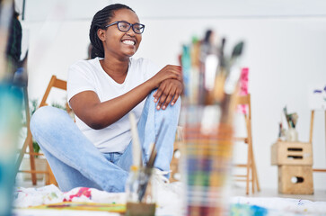 College, woman and thinking of painting in class with inspiration for project on canvas. African,...
