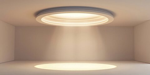 White circular stage with ceiling light on white wall  background, Minimalist circular stage with ambient lighting creating a sleek and modern presentation environment.empty white stage room
