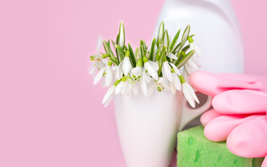 Spring flowers, detergent, kitchen sponge and gloves on a pink background. Copy space. Close-up.