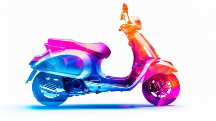 elevated modern scooter, isolated on white background, close up, vivid palette, Double exposure silhouette with sleek design