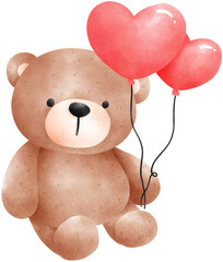 Cute teddy bear with heart balloons watercolor illustration