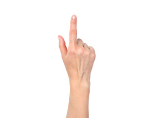 Female hand isolated on a white background. A woman's hand points to something with her index finger. Top view.