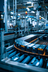 Obraz premium An electric vehicle battery production line is in action, with new cells on the conveyor belt and machinery working around them.