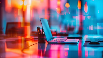 Modern office workspace, close up, vibrant colors, double exposure silhouette with laptops