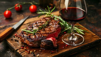 Fototapeta premium Grilled Beef Steak with a spicy taste Contains ingredients of vegetables and herbs. which is beautifully arranged in the restaurant