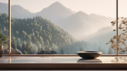 Product podium in a harmonious Japanese interior against a backdrop of a beautiful Japanese...