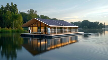 Obraz premium An eco-friendly floating conference center on a serene lake, powered by solar and green technologies.