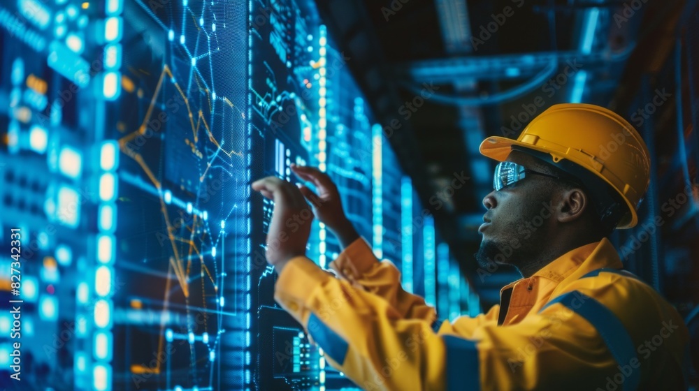 Poster A man in a yellow jacket is looking at a computer screen with a lot of numbers