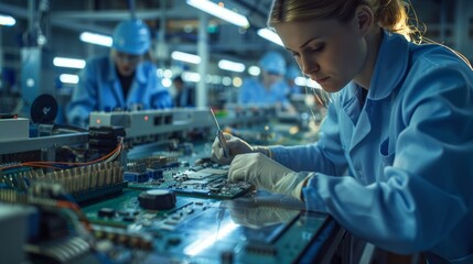 A woman is working on a computer chip
