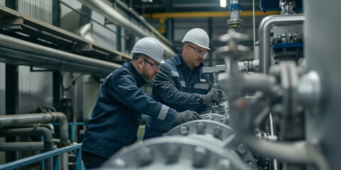 Fototapeta premium Two engineers in hard hats are having a discussion in a factory setting amidst industrial equipment