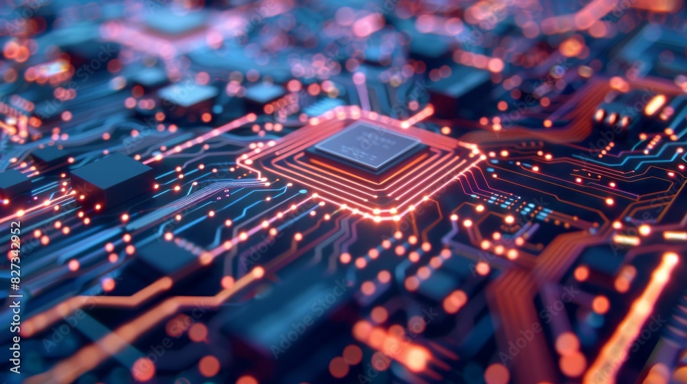 Poster a computer chip is shown in a close up with a lot of orange and blue lights