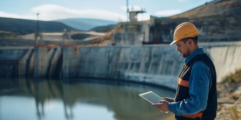 A male engineer in a hardhat is using a tablet while inspecting a dam in a large hydraulic facility
