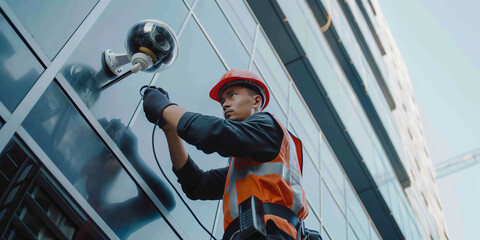 An installer in protective gear mounts a security camera on the side of a modern building
