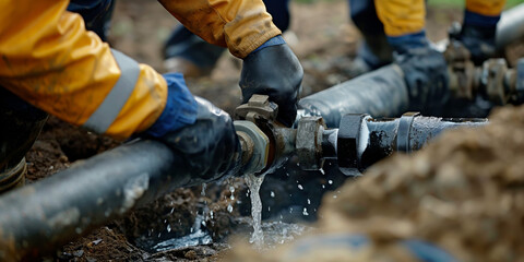 Team of workers collaboratively repairing a leaking underground water pipe in muddy conditions