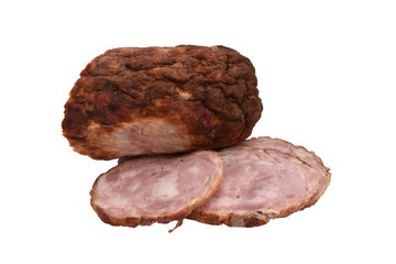 Several slices of meat cut from a large smoked piece of pork. Ready to eat.