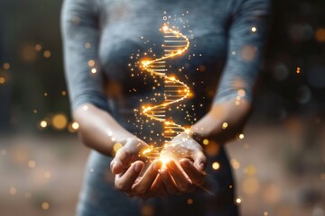 Woman Holding Glowing DNA Helix Outdoors