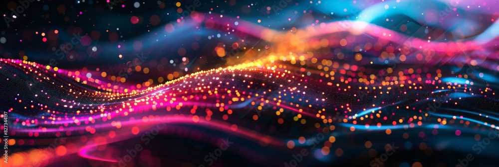 Poster glowing data lines on a black background,neon light trails with digital particles in motion creating