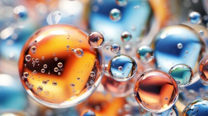Macro shot of colorful water drops with shallow depth of field. Bubbles floating in water.
