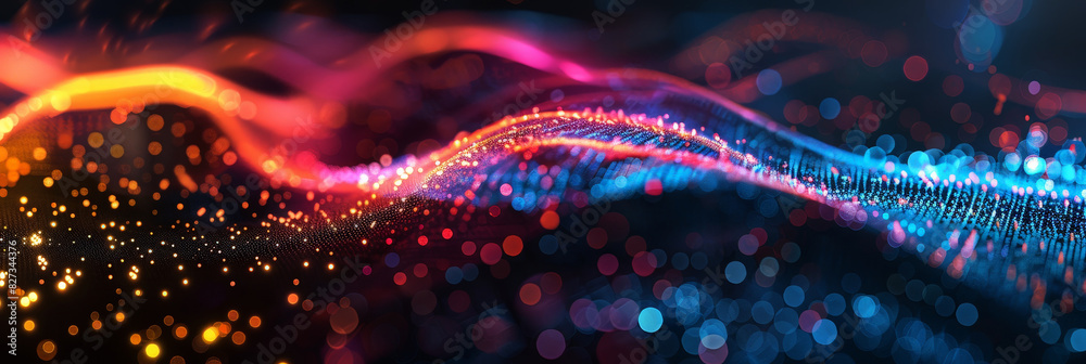 Poster glowing data lines on a black background,neon light trails with digital particles in motion creating