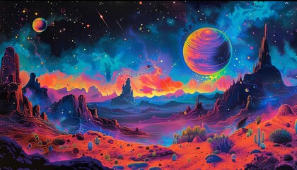 Obraz premium A record cover featuring a cosmic scene with planets and stars, designed in a vibrant, psychedelic style, blacklight effect