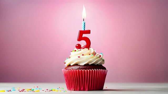 Birthday cupcake with lit birthday candle. Number five for five years or fifth anniversary