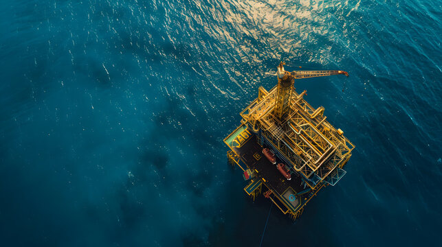 Aerial view of Offshore oil and gas rig construction station platform on the sea. extract process petroleum and natural gas at ocean beneath seabed,  Industry searching for fuel and energy,
