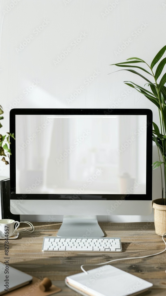 Poster A computer monitor sits on a desk with a plant next to it