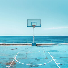 Blue basketball court on the seashore. Background is summer sunny day with sea and sky.