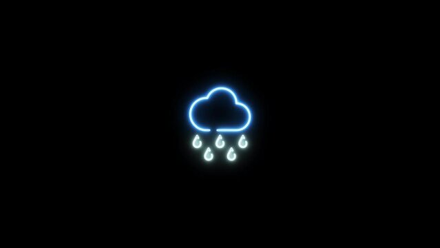 Neon sign in rain shape motion graphic with alpha channel. Blue cloud and rain neon light turn on and turn off isolated icon animated on transparent background.